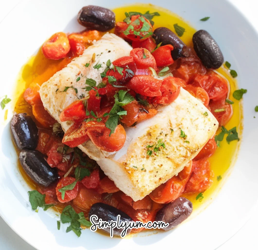 Alaska Cod, Tomatoes, Red Peppers and Olives